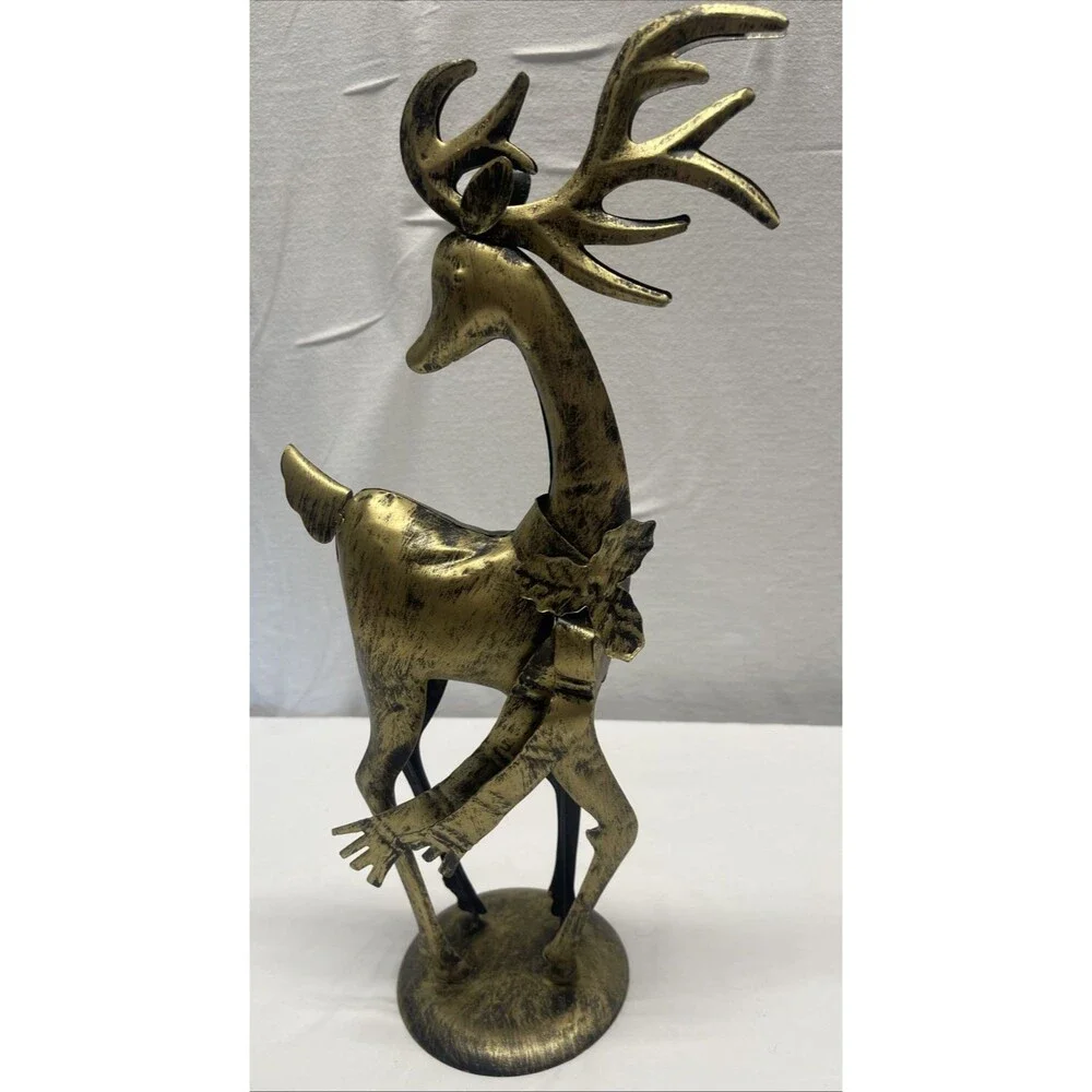 Christmas Metal Reindeer Figurine Standup Decor Brass Look Tabletop Holidays